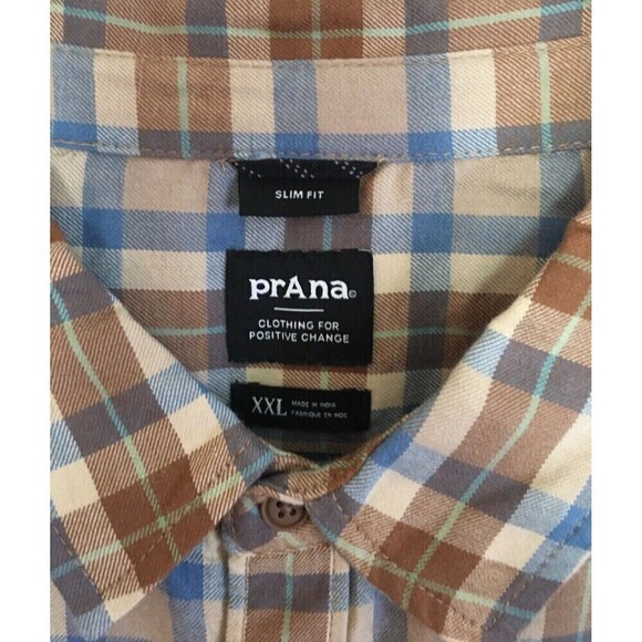 NEW Prana Flannel Button Up Shirt Sandbar Mens XXL Slim Fit 2XL Browns Blue NWT - Picture 5 of 6